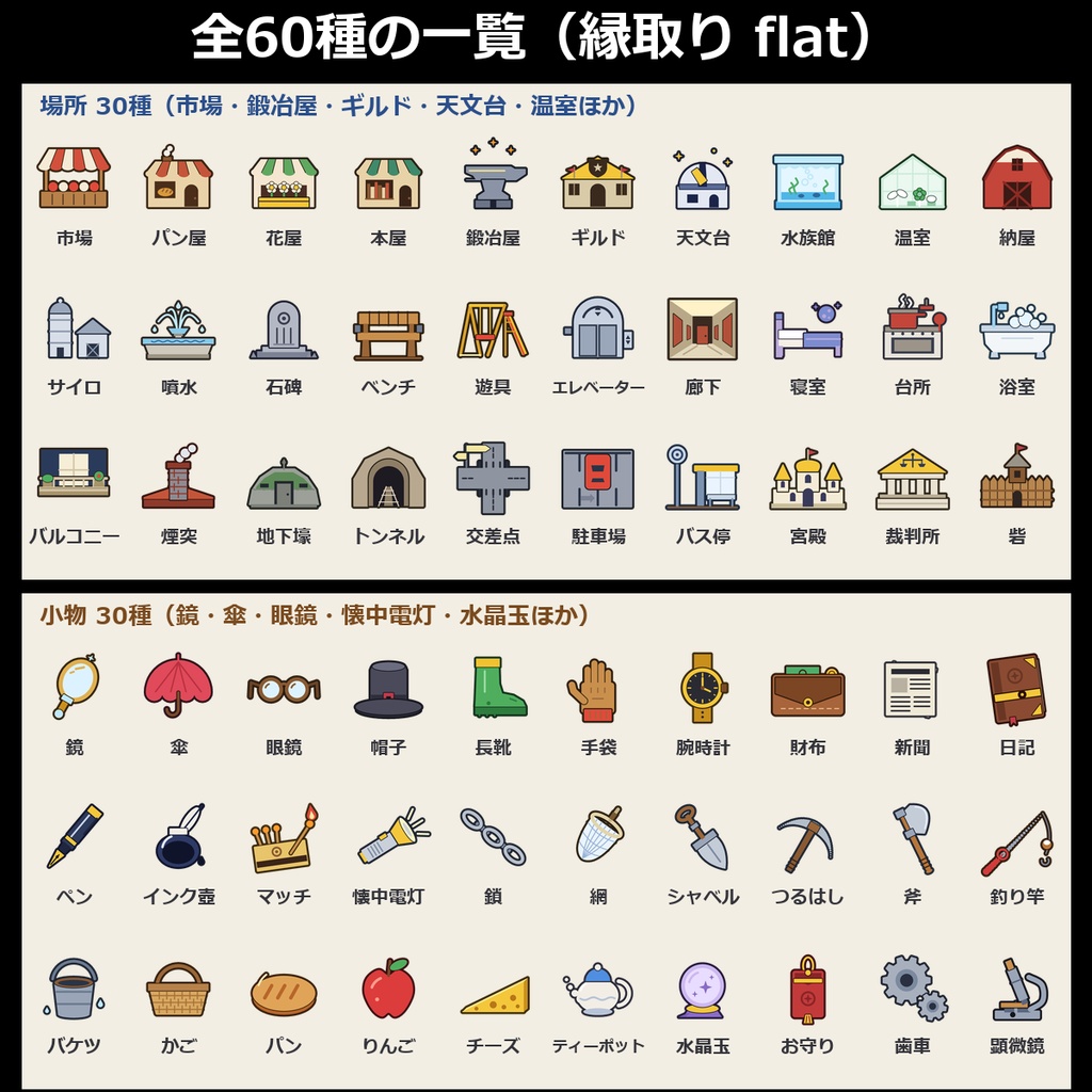 【TRPG素材】場所・小物アイコン vol.3 120種|市場・鍛冶屋・ギルド・天文台・温室・宮殿・砦・鏡・傘・眼鏡・懐中電灯・水晶玉ほか60種×2スタイル・透過PNG【ココフォリア/地図】