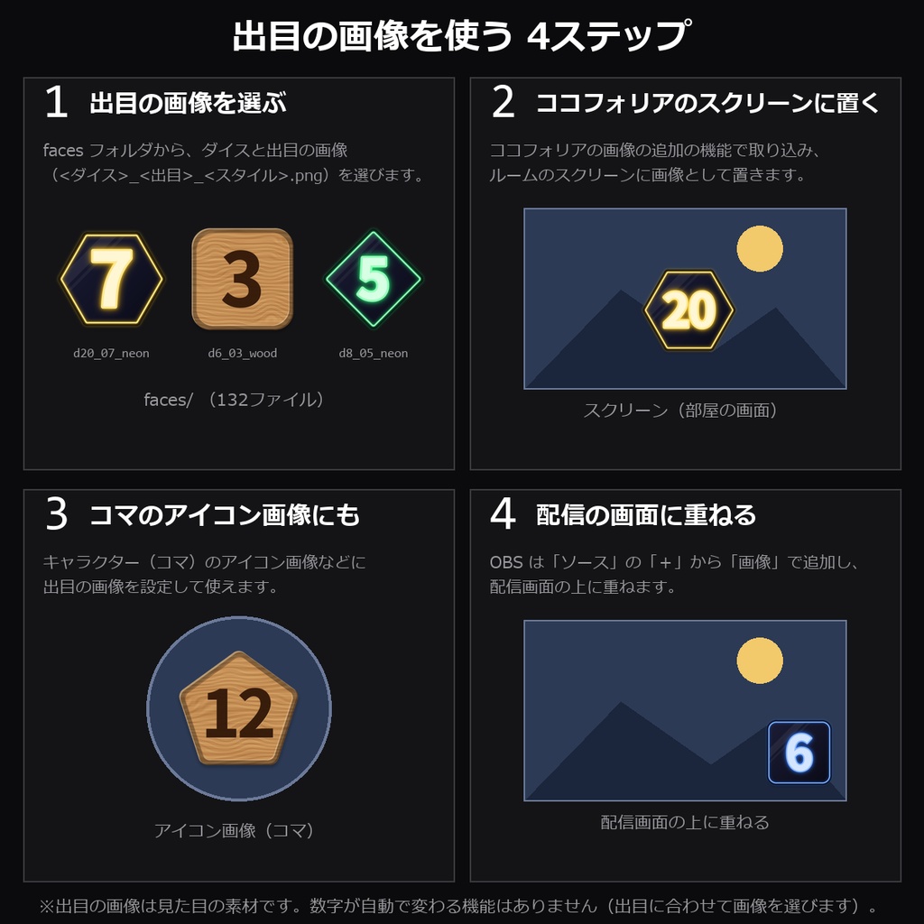 【TRPG素材】ダイス出目PNG vol.2 132種|d4・d6・d8・d10・d12・d20の全出目×木製/ネオン・「?」つき・透過PNG【ココフォリア/配信】