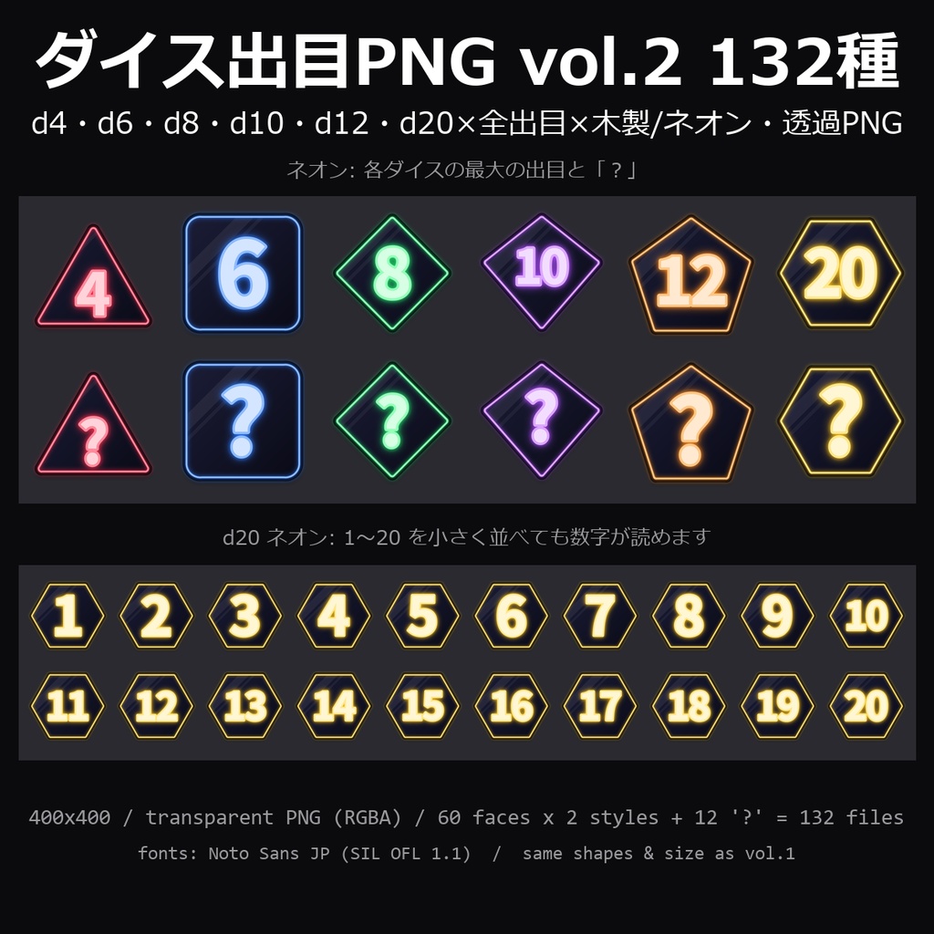 【無料】ダイス出目PNG vol.2 3種（d6の6・d20の20と1）【TRPG素材/透過PNG】