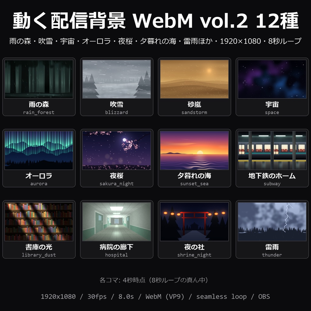 【動く背景】配信背景 WebM vol.2 12種｜雨の森・吹雪・砂嵐・宇宙・オーロラ・夜桜・夕暮れの海・地下鉄・雷雨ほか・1920×1080・8秒ループ【OBS/雑談配信】