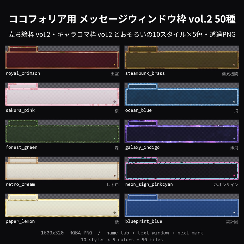 【TRPG素材】ココフォリア用 メッセージウィンドウ枠 vol.2 50種｜ノベル風のテキスト窓＋名前札・立ち絵枠 vol.2 とおそろいの王室/蒸気機関/桜/海/森/銀河ほか10スタイル×5色