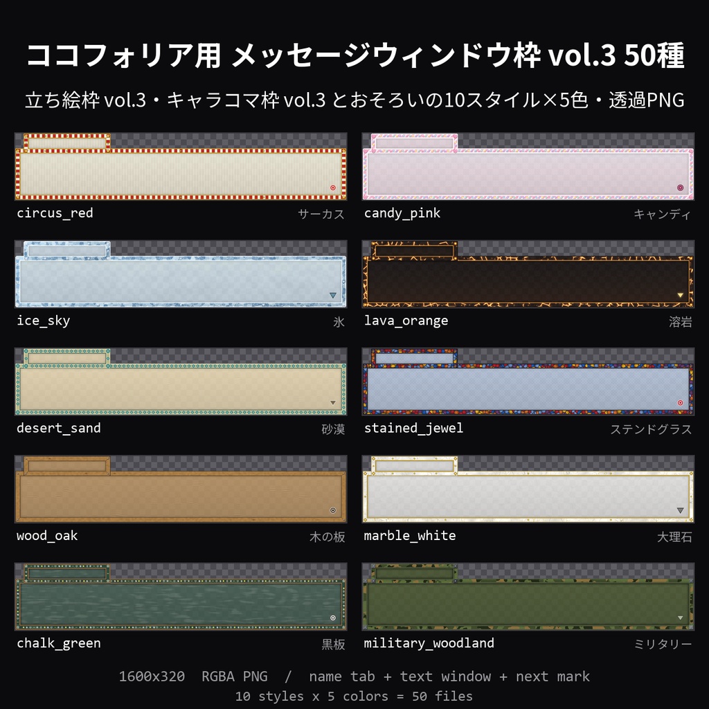 【無料】ココフォリア用 メッセージウィンドウ枠 vol.3 3種（サーカス・氷・ステンドグラス）【TRPG素材/透過PNG】