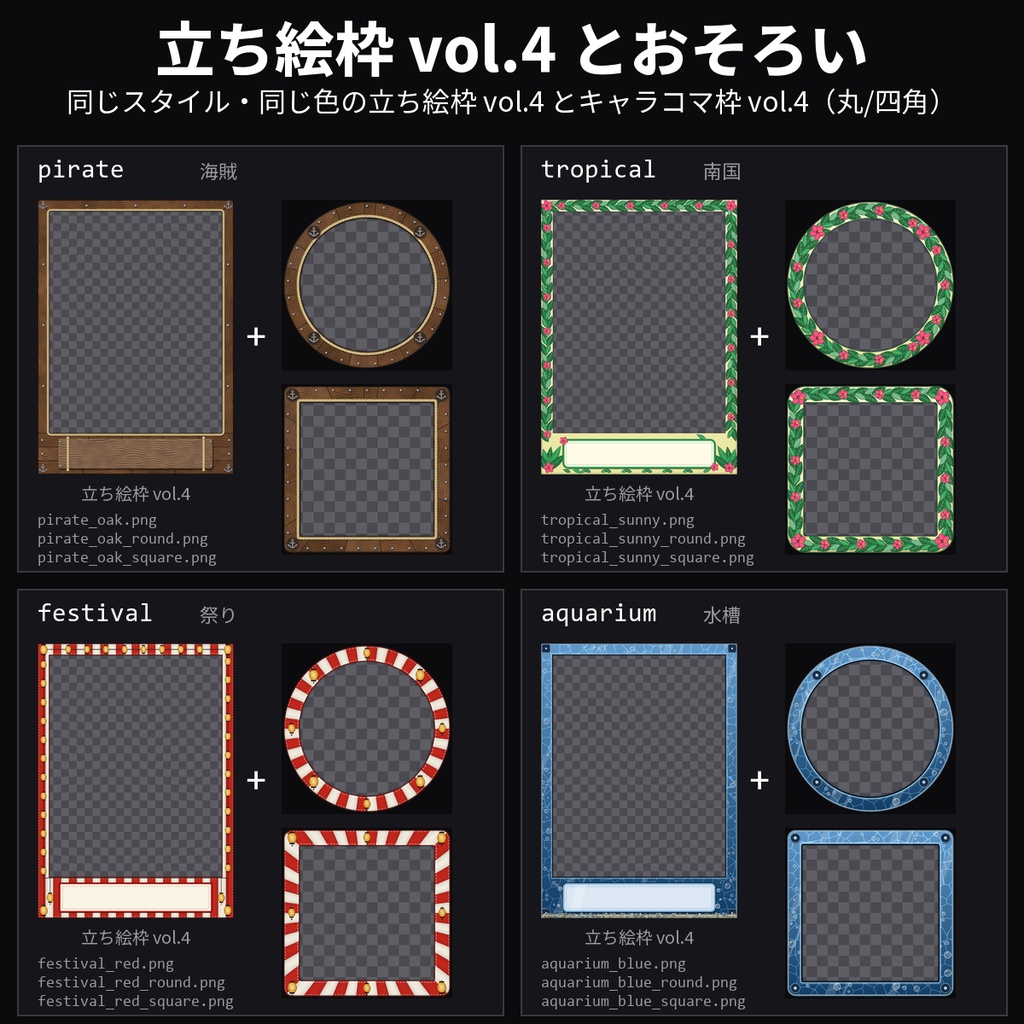 【TRPG素材】キャラコマ枠 vol.4 100種|立ち絵枠 vol.4 とおそろいの海賊・古代遺跡・北欧・南国・紅葉・祭りほか10スタイル×5色×丸/四角・透過PNG【ココフォリア】