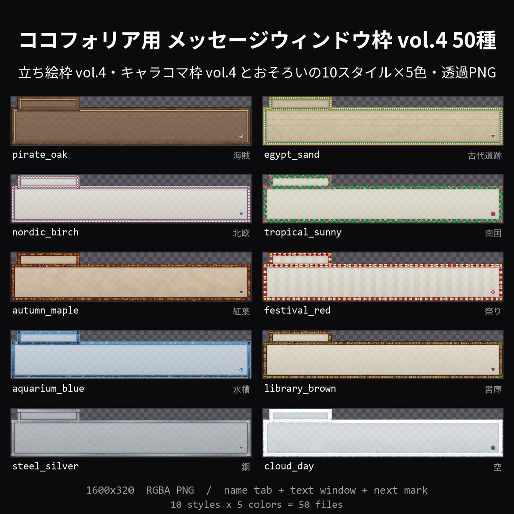 【無料】ココフォリア用 メッセージウィンドウ枠 vol.4 3種(海賊・南国・水槽)【TRPG素材/透過PNG】