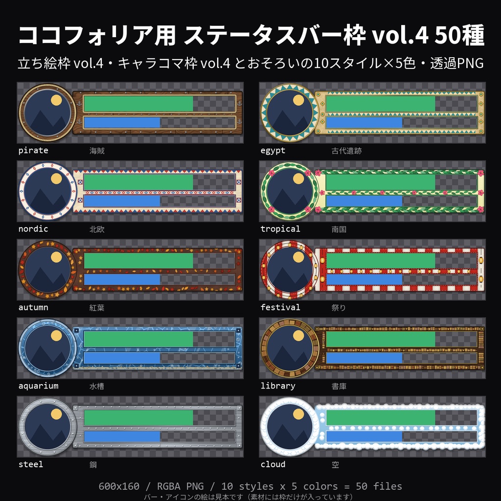 【無料】ココフォリア用 ステータスバー枠 vol.4 3種(海賊・南国・水槽)【TRPG素材/透過PNG】
