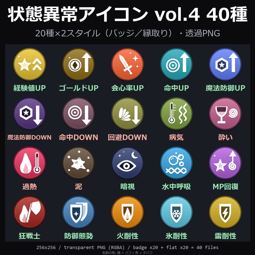 【TRPG素材】状態異常アイコン vol.4 40種｜経験値UP・会心率UP・魔法防御UP/DOWN・病気・酔い・過熱・暗視・水中呼吸・狂戦士・防御態勢ほか【ココフォリア/TRPG】