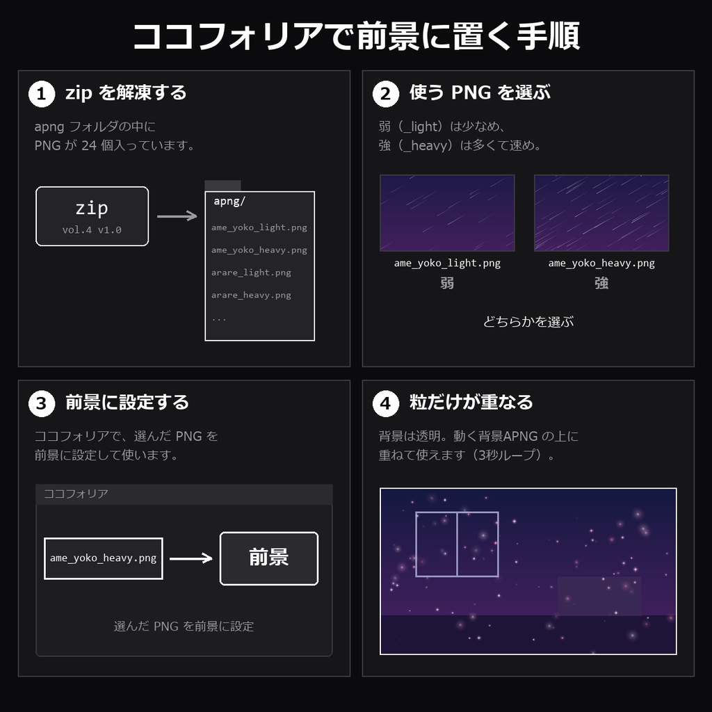 【TRPG素材】ココフォリア用 前景APNG vol.4 24種|横なぐりの雨・あられ・風の葉・光の線・桃色のきらめき・白い煙・青い星・大きな泡・金粉ほか12種×弱/強・透過ループ・各1MB未満