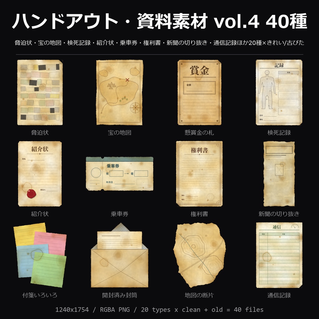 【無料】ハンドアウト・資料素材 vol.4 3種（宝の地図・脅迫状・紹介状）【TRPG素材】