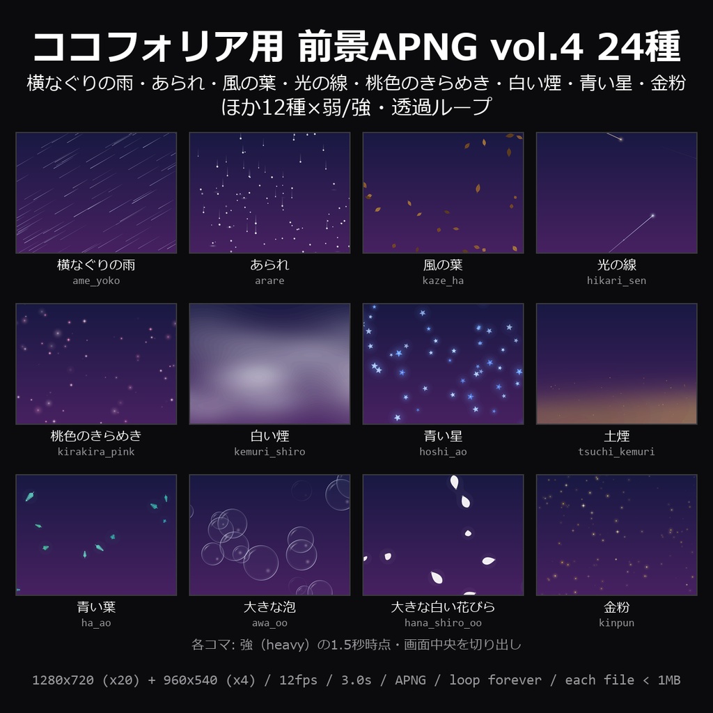 【無料】ココフォリア用 前景APNG vol.4 3種（横なぐりの雨・桃色のきらめき・金粉）【TRPG素材/透過ループ】