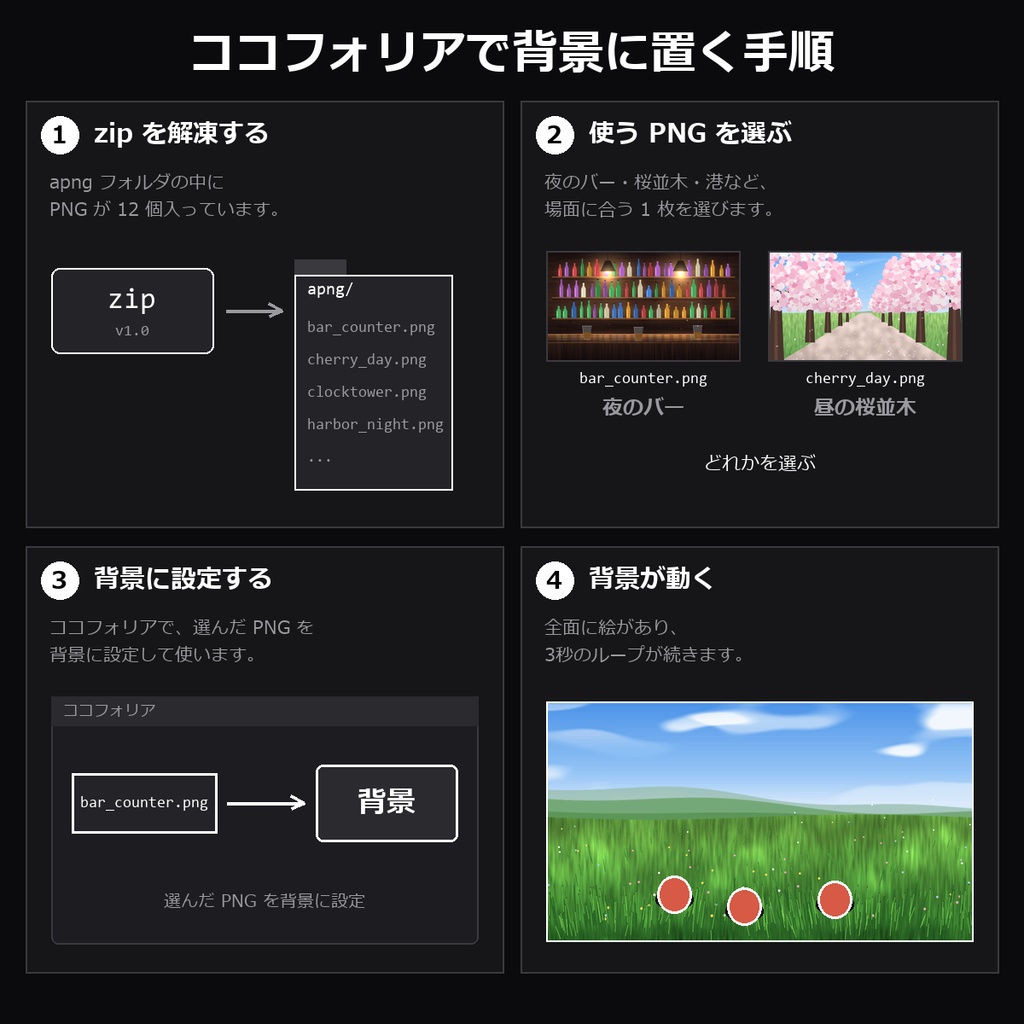 【TRPG素材】ココフォリア用 動く背景APNG vol.4 12種|夜のバー・屋根裏の雨・温室・時計塔・昼の桜並木・田んぼ・夜の港・遊園地・地下迷宮・研究室ほか・ループ【無料サンプル有】