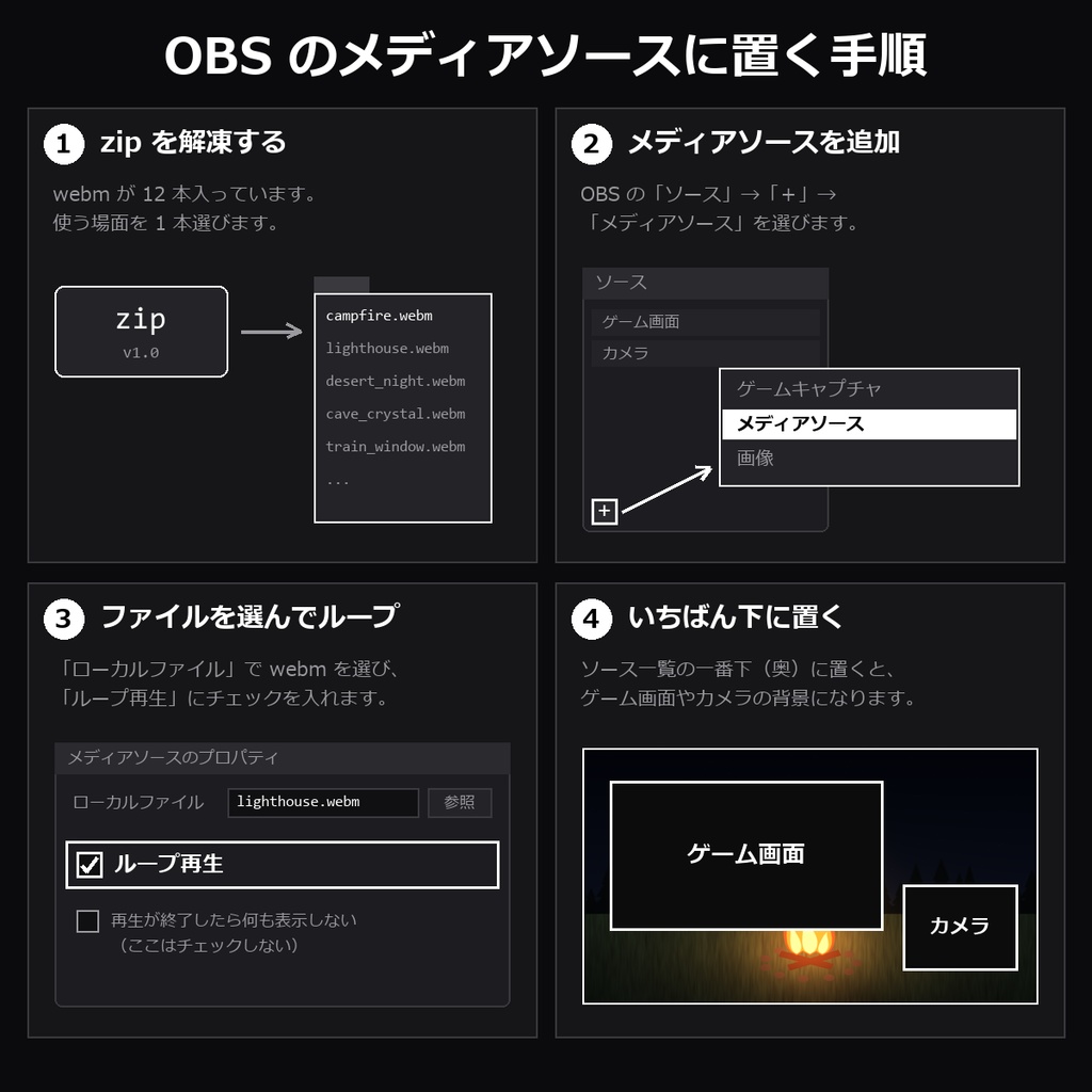【動く背景】配信背景 WebM vol.3 12種|焚き火・灯台の夜・砂漠の夜・水晶の洞窟・列車の窓・都会の屋上・沼・古い神殿・氷の洞窟・嵐の海・祭りの夜・朝もやほか【OBS/雑談配信】