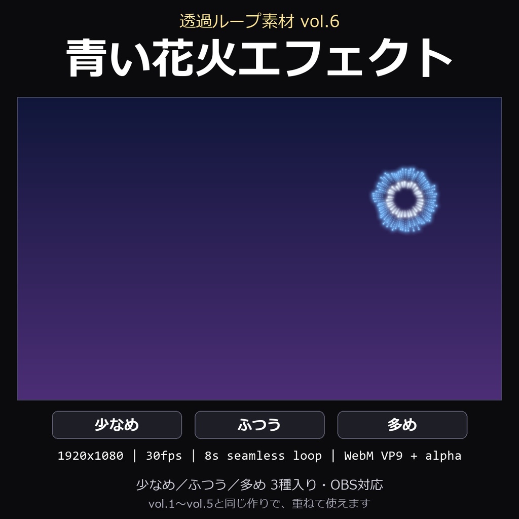 【透過ループ素材】青い花火エフェクト 3種(少なめ/ふつう/多め)|WebM・OBS対応・8秒ループ【配信/動画】