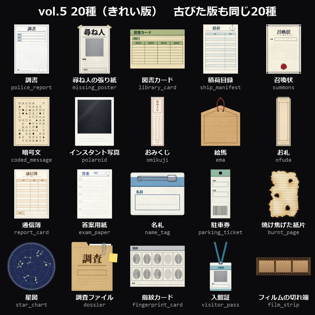 【TRPG素材】ハンドアウト・資料素材 vol.5 40種|調書・尋ね人・暗号文・おみくじ・絵馬・お札・答案用紙・焼け焦げた紙片・星図ほか【ココフォリア/CoC/秘匿HO】