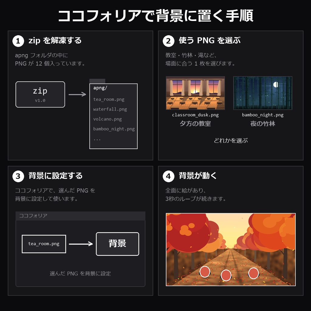【TRPG素材】ココフォリア用 動く背景APNG vol.5 12種|夕方の教室・和室・紅葉の道・滝・夜の竹林・城の大広間・火山・空の島・廃屋・深海・夜の駅・サーバー室・ループほか【無料サンプル有】
