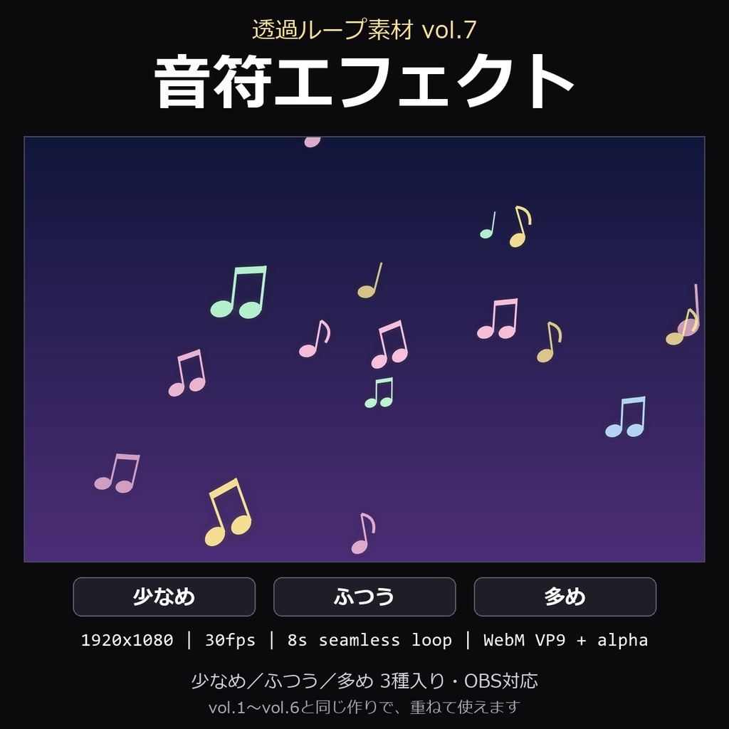 【透過ループ素材】音符エフェクト 3種（少なめ/ふつう/多め）｜WebM・OBS対応・8秒ループ【配信/動画】