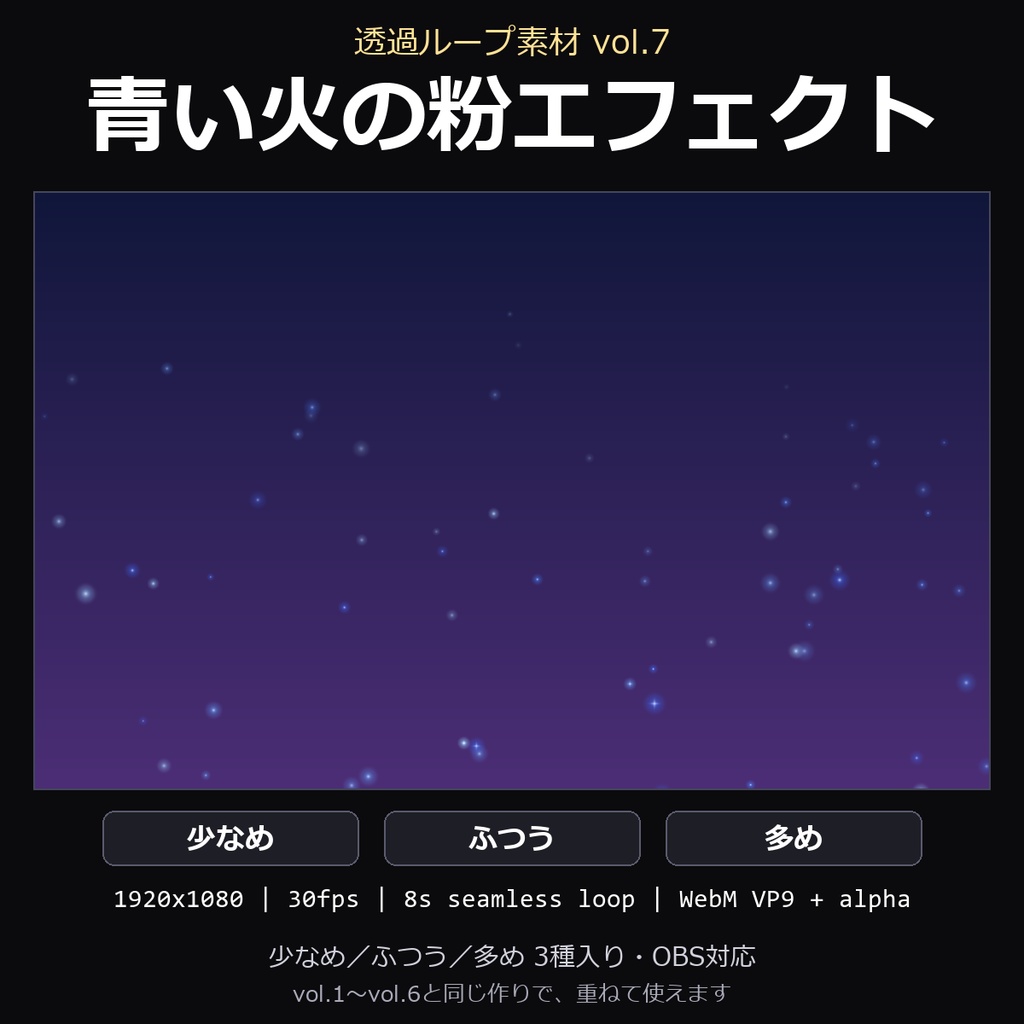 【透過ループ素材】青い火の粉エフェクト 3種（少なめ/ふつう/多め）｜WebM・OBS対応・8秒ループ【配信/動画】