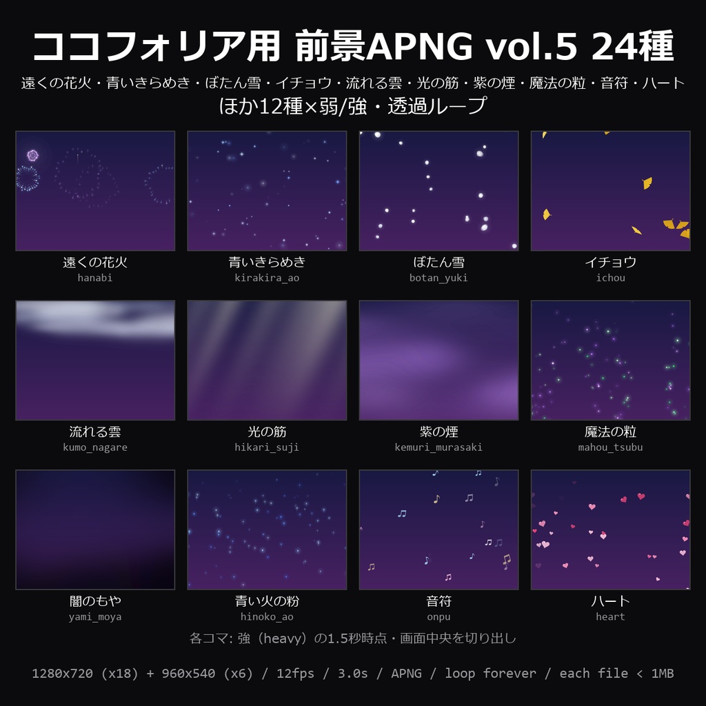 【無料】ココフォリア用 前景APNG vol.5 3種（ぼたん雪・音符・ハート）【TRPG素材/透過ループ】