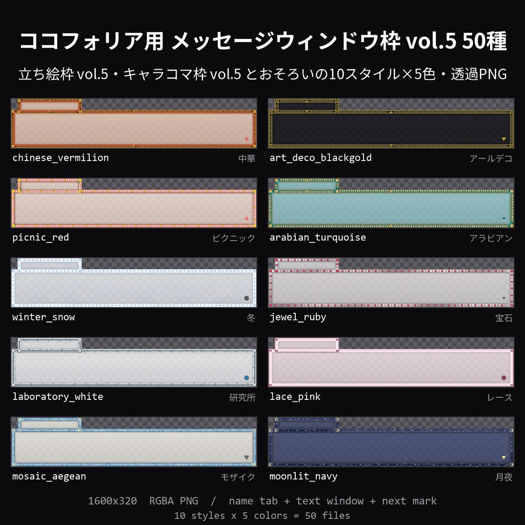 【TRPG素材】ココフォリア用 メッセージウィンドウ枠 vol.5 50種｜ノベル風のテキスト窓＋名前札ほか