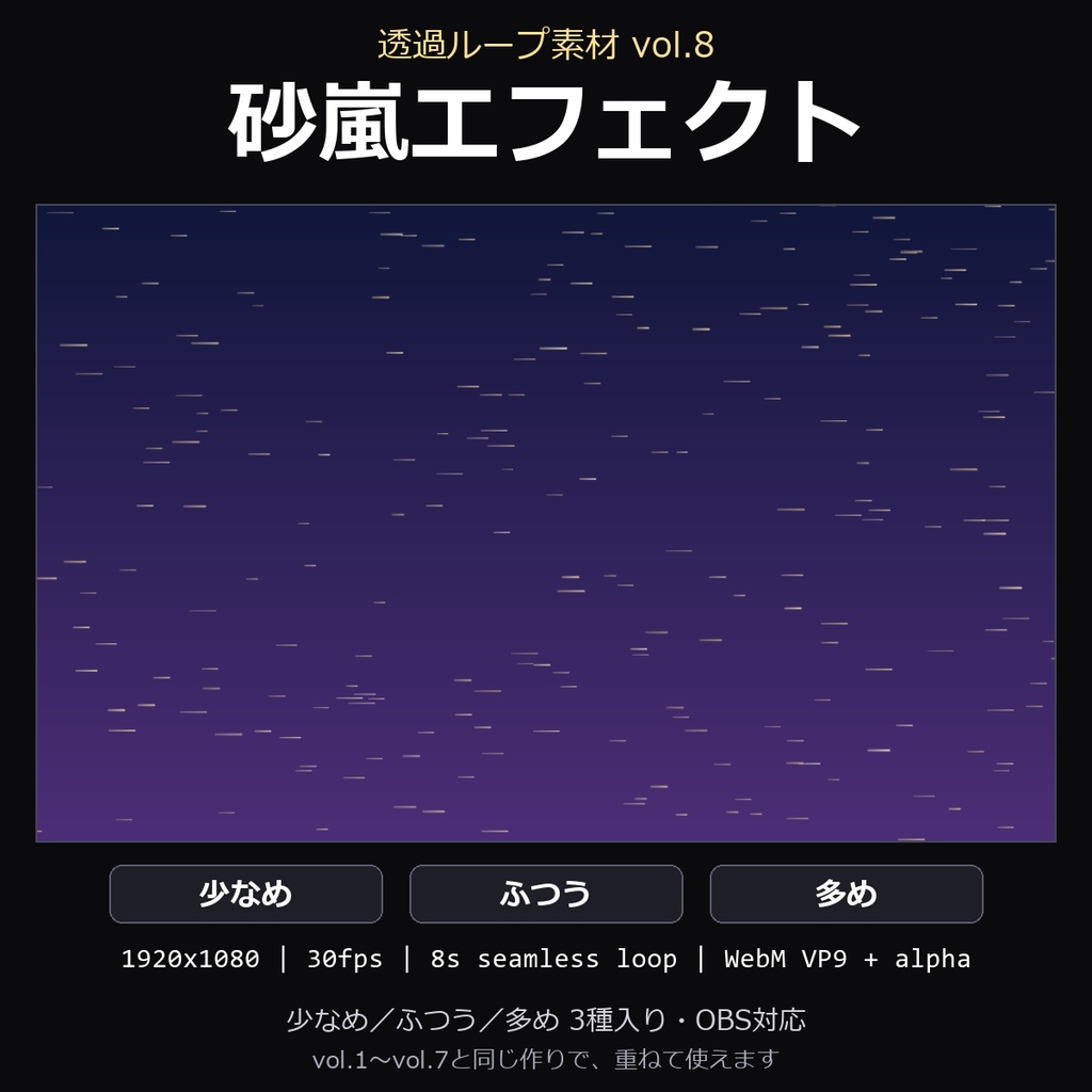 【透過ループ素材】砂嵐エフェクト 3種（少なめ/ふつう/多め）｜WebM・OBS対応・8秒ループ【配信/動画】