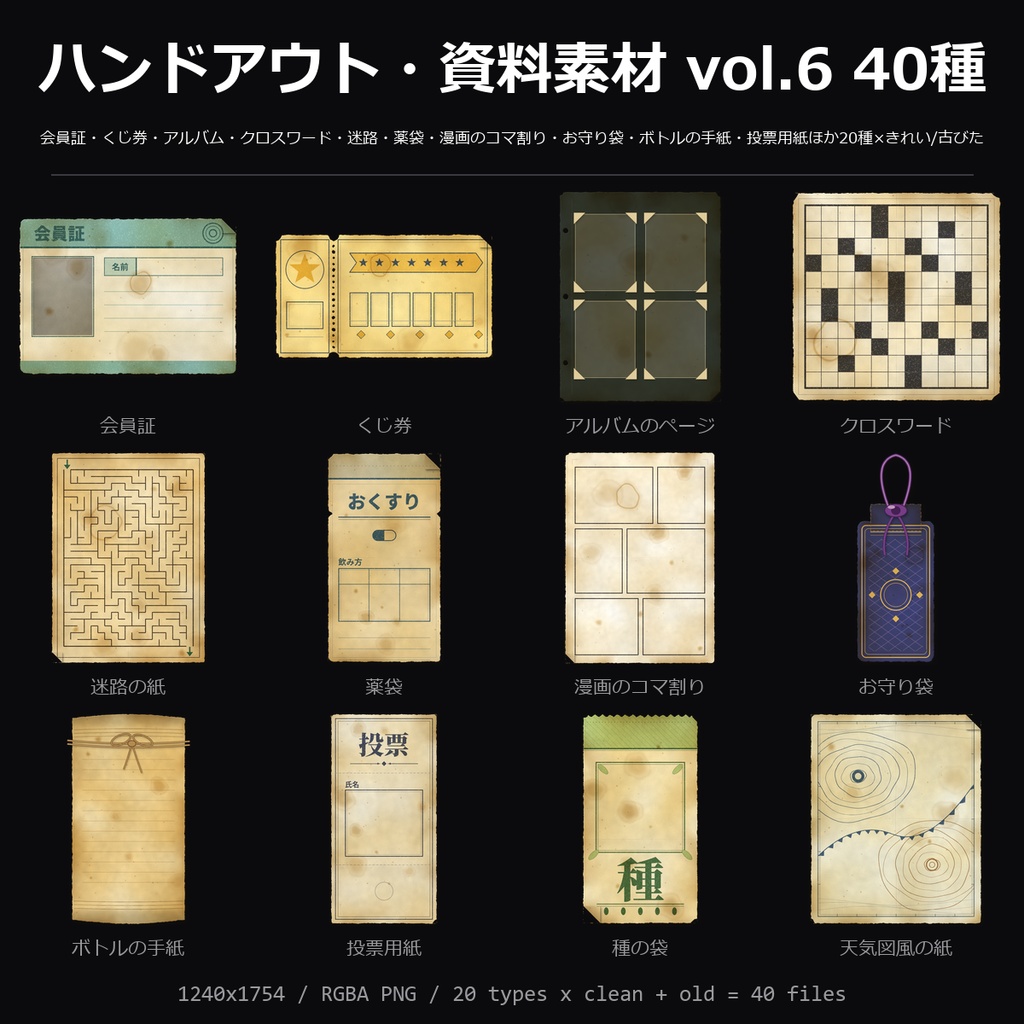【TRPG素材】ハンドアウト・資料素材 vol.6 40種｜会員証・くじ券・アルバム・クロスワード・迷路・薬袋・漫画のコマ割り・お守り袋・ボトルの手紙ほか【ココフォリア/CoC/秘匿HO】