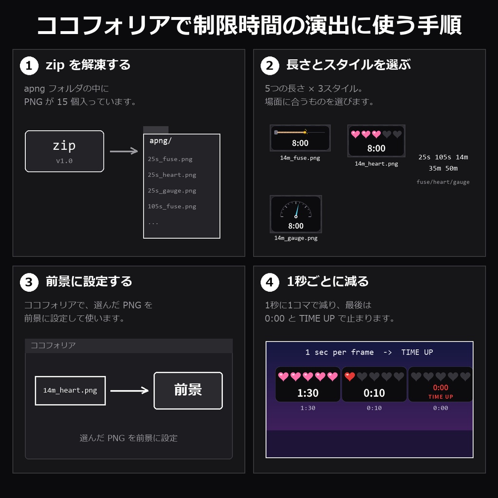 【TRPG素材】ココフォリア用 タイマーAPNG vol.6 15種|25秒・1分45秒・14分・35分・50分×導火線/ハート/計器・残り10秒で赤・TIME UP・各1MB未満【制限時間】