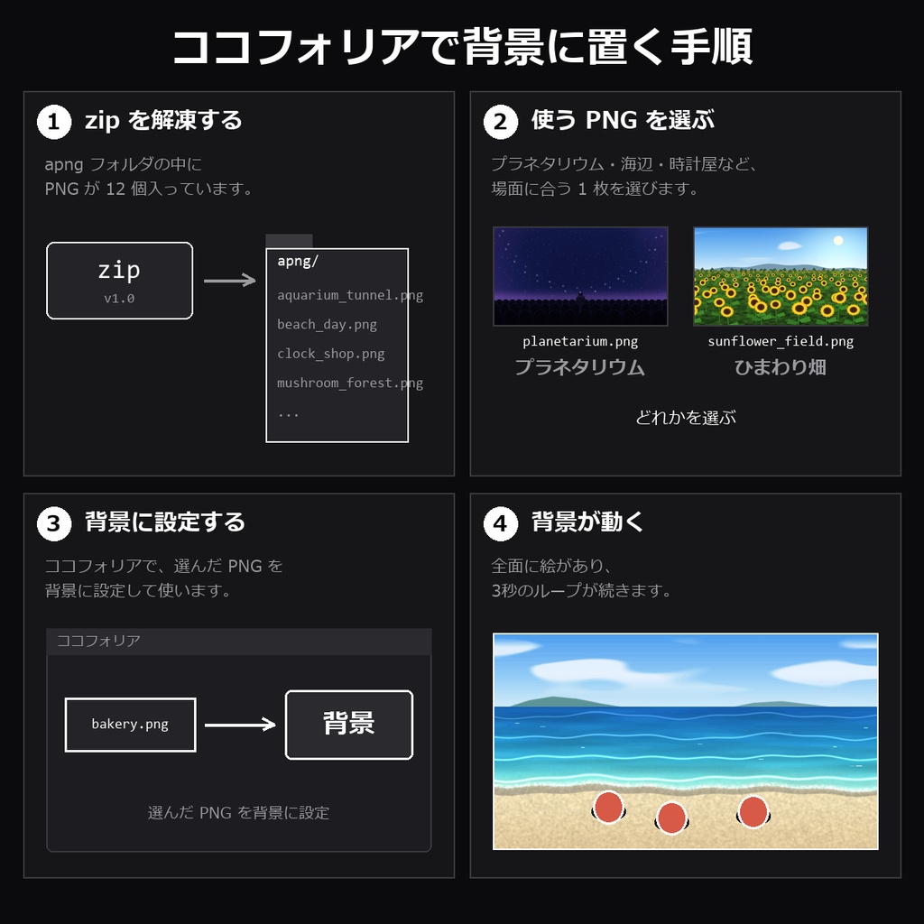 【TRPG素材】ココフォリア用 動く背景APNG vol.6 12種|プラネタリウム・水族館のトンネル・天灯の夜・山小屋の窓・ひまわり畑・昼の海辺・霧の墓地・海底遺跡・時計屋ほか【無料サンプル有】