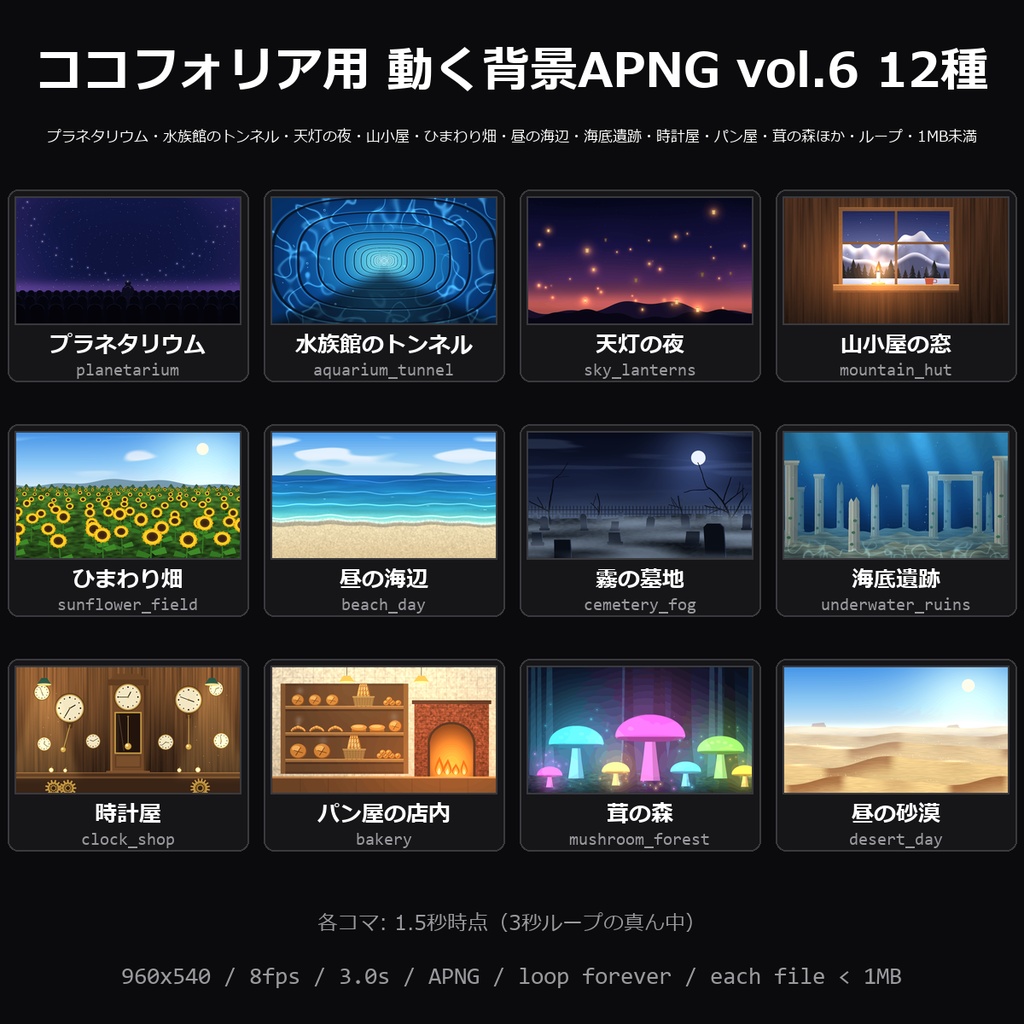 【TRPG素材】ココフォリア用 動く背景APNG vol.6 12種｜プラネタリウム・水族館のトンネル・天灯の夜・山小屋の窓・ひまわり畑・昼の海辺・霧の墓地・海底遺跡・時計屋ほか【無料サンプル有】