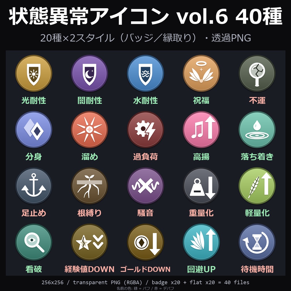 【TRPG素材】状態異常アイコン vol.6 40種｜光/闇/水耐性・祝福・不運・分身・溜め・過負荷・足止め・根縛り・重量化・軽量化・看破・回避UPほか20種×2スタイル【ココフォリア/TRPG】