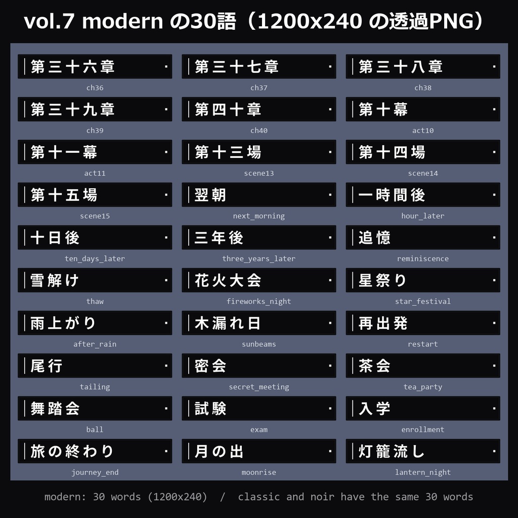【TRPG素材】ココフォリア用 章・シーン名プレート vol.7 90種|第三十六章〜第四十章・第十幕・翌朝・三年後・追憶・雪解け・花火大会・尾行・密会・舞踏会・試験ほか30語×3スタイル・透過PNG