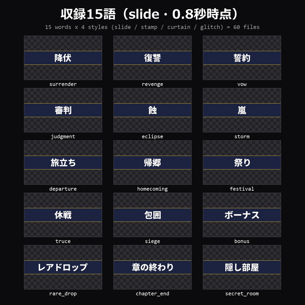 【TRPG素材】ココフォリア用 カットインAPNG vol.7 60種|降伏・復讐・誓約・審判・蝕・嵐・旅立ち・帰郷・祭り・隠し部屋ほか15語×4スタイル・各1MB未満【無料サンプル有】