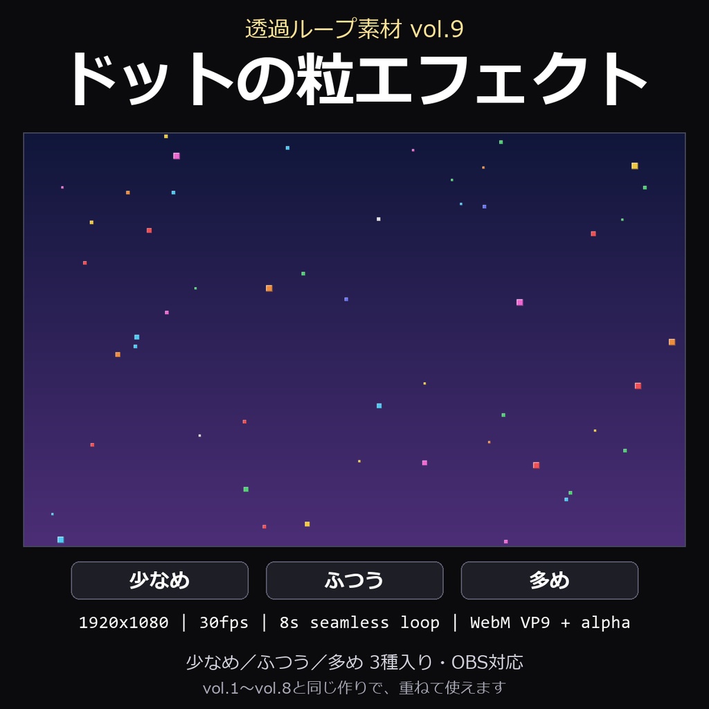 【透過ループ素材】ドットの粒エフェクト 3種(少なめ/ふつう/多め)|WebM・OBS対応・8秒ループ【配信/動画】