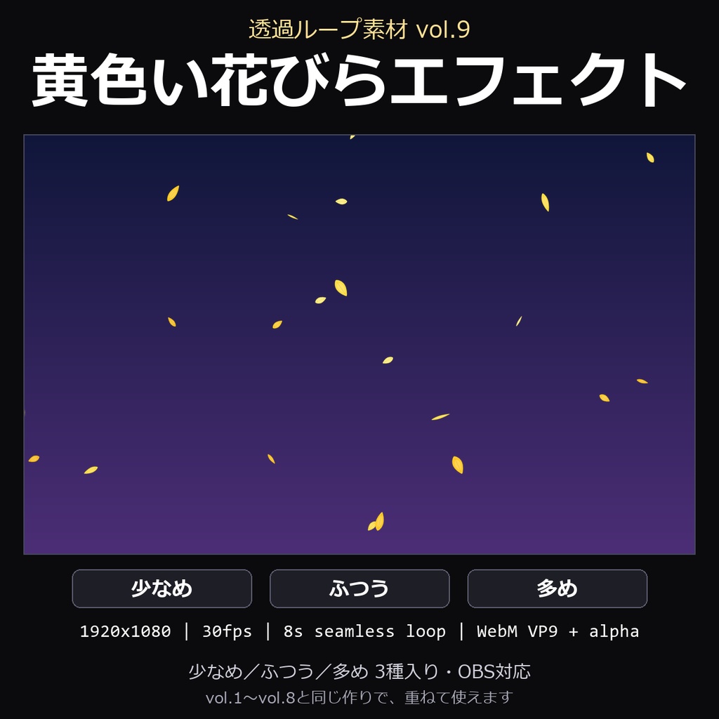 【透過ループ素材】黄色い花びらエフェクト 3種(少なめ/ふつう/多め)|WebM・OBS対応・8秒ループ【配信/動画】
