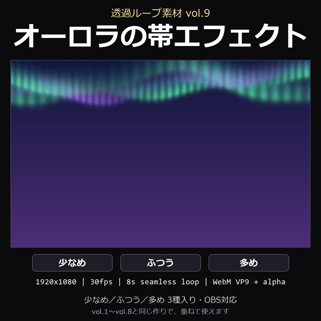 【透過ループ素材】オーロラの帯エフェクト 3種（少なめ/ふつう/多め）｜WebM・OBS対応・8秒ループ【配信/動画】