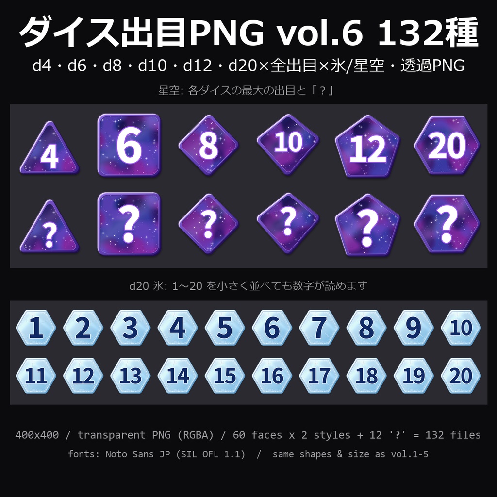【無料】ダイス出目PNG vol.6 3種（d6の6・d20の20と1）【TRPG素材/透過PNG】