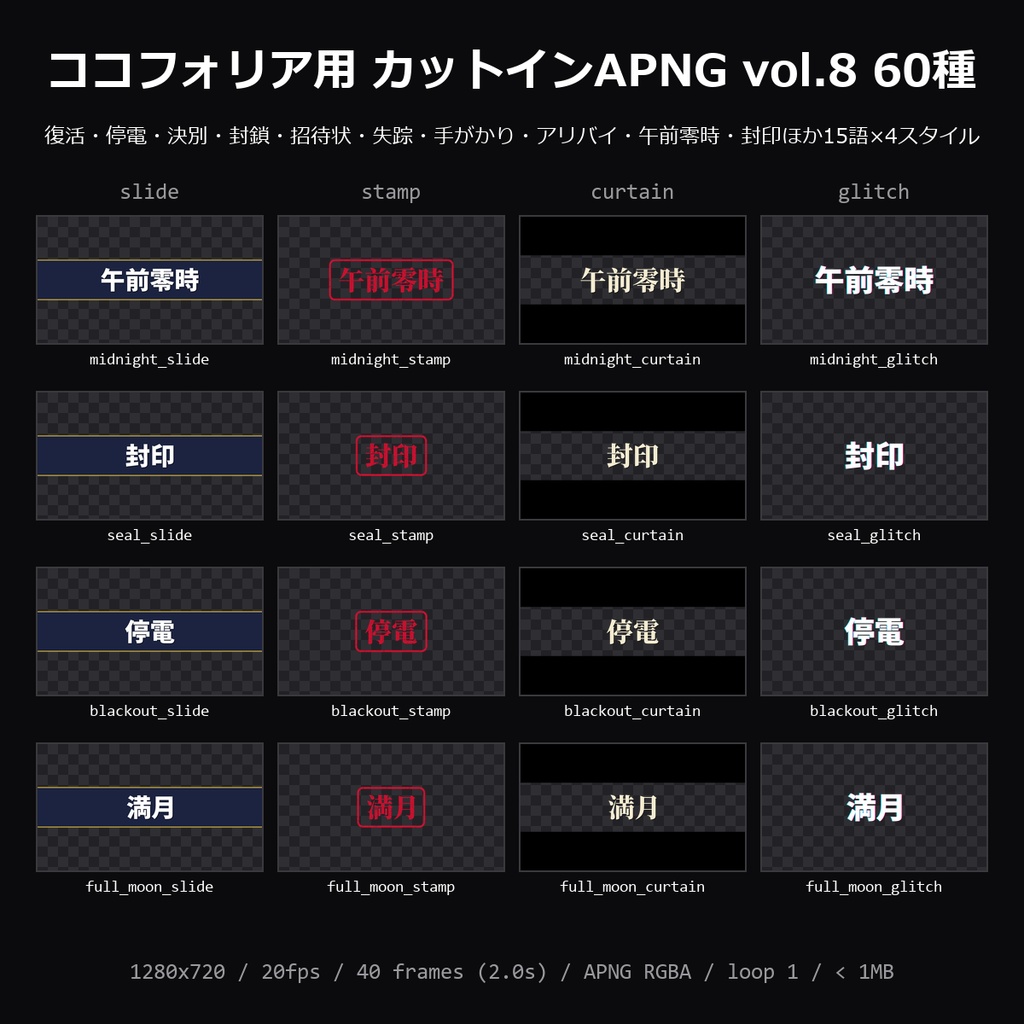 【TRPG素材】ココフォリア用 カットインAPNG vol.8 60種|復活・停電・決別・封鎖・招待状・失踪・手がかり・アリバイ・午前零時・封印ほか15語×4スタイル・各1MB未満【無料サンプル有】