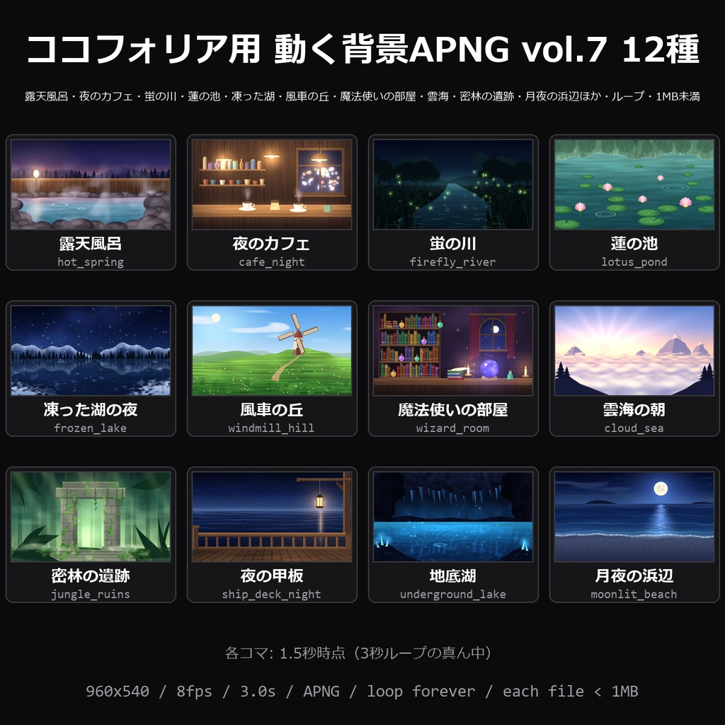 【TRPG素材】ココフォリア用 動く背景APNG vol.7 12種｜露天風呂・夜のカフェ・蛍の川・蓮の池・凍った湖の夜・風車の丘・魔法使いの部屋・雲海の朝・密林の遺跡・夜の甲板ほか【無料サンプル有】