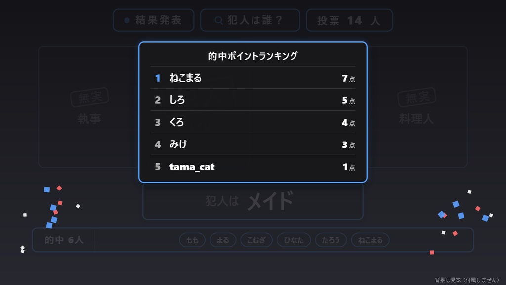 【無料】犯人当て投票 シンプル黒（4人まで）【わんコメテンプレート/マダミス配信】