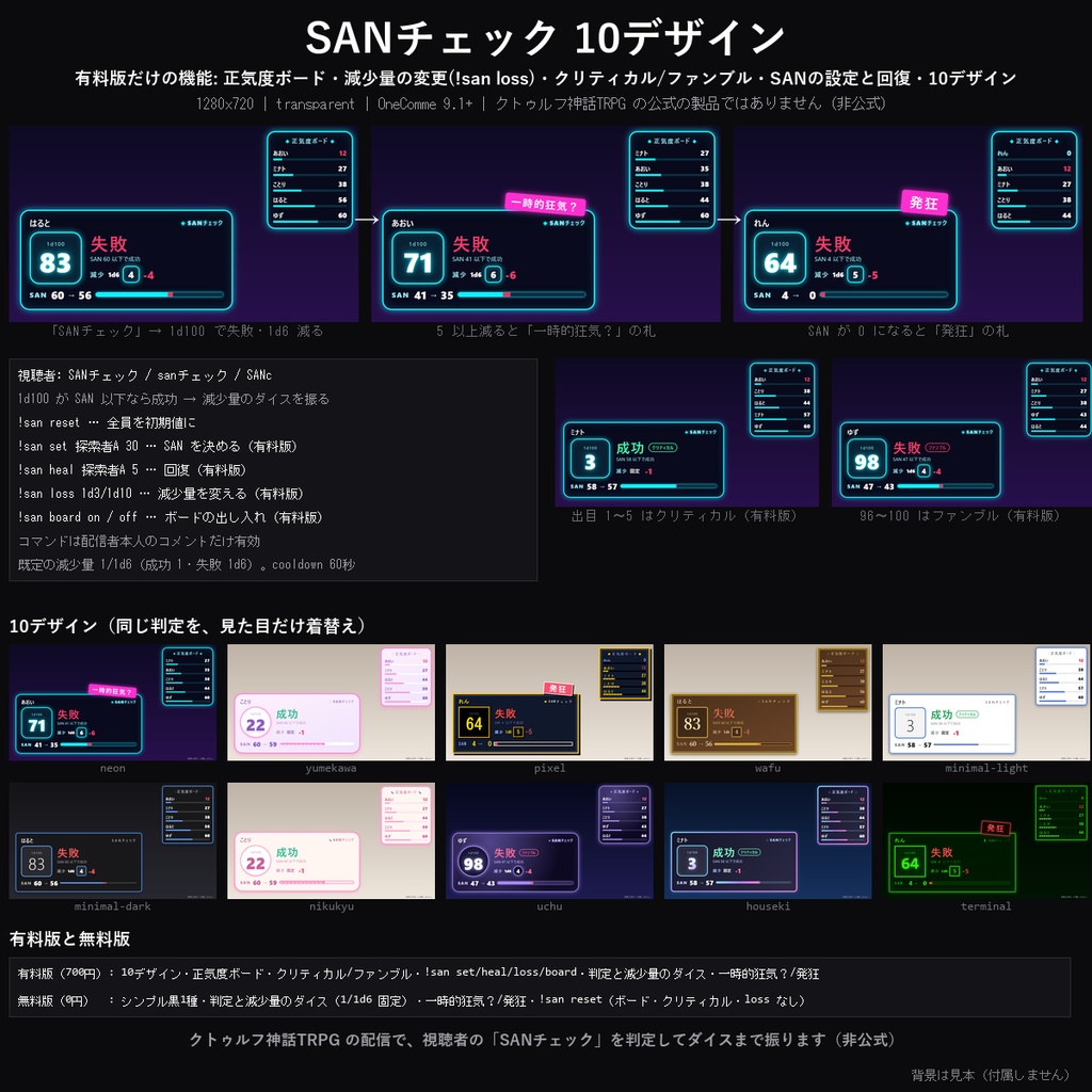 【わんコメテンプレート】SANチェック 10デザイン|コメントで視聴者が正気度判定・1d100と減少ダイス・一時的狂気/発狂の札・正気度ボード【OBS/TRPG配信/クトゥルフ/CoC】