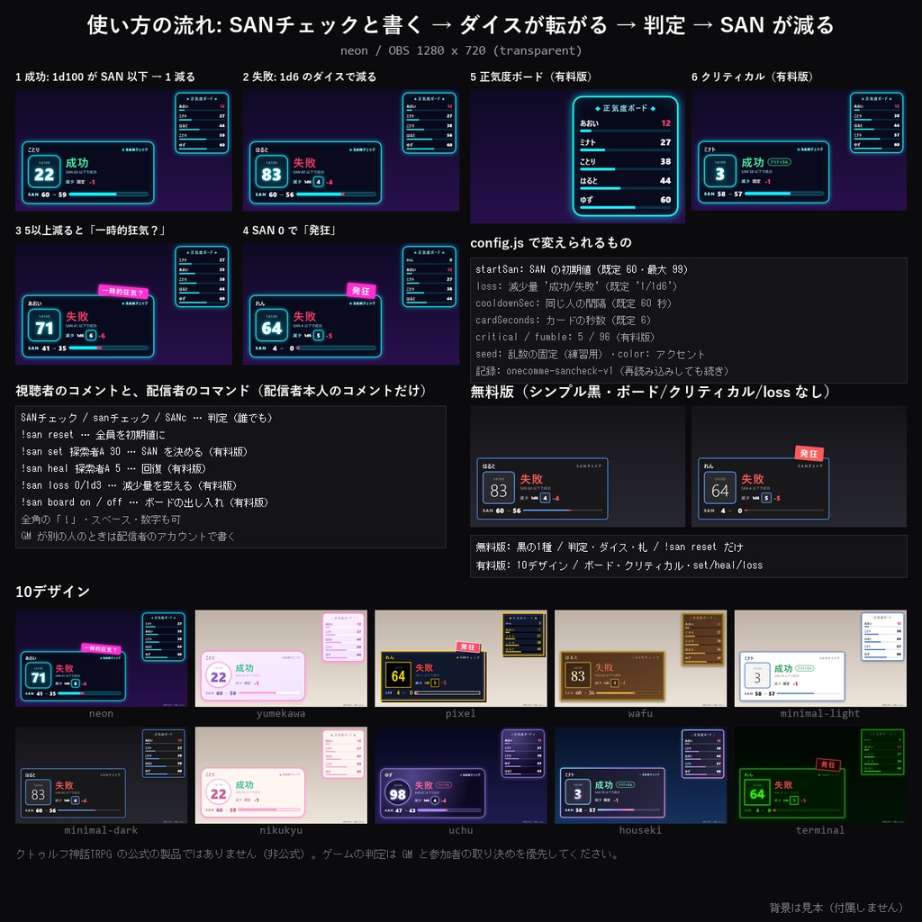【わんコメテンプレート】SANチェック 10デザイン|コメントで視聴者が正気度判定・1d100と減少ダイス・一時的狂気/発狂の札・正気度ボード【OBS/TRPG配信/クトゥルフ/CoC】