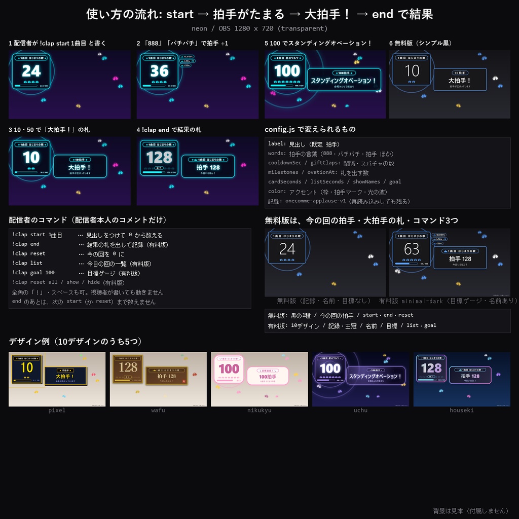 【わんコメテンプレート】拍手メーター 10デザイン|「888」「パチパチ」で拍手がたまる・大拍手/スタンディングオベーション演出・曲ごとの拍手記録【OBS/歌枠/発表】