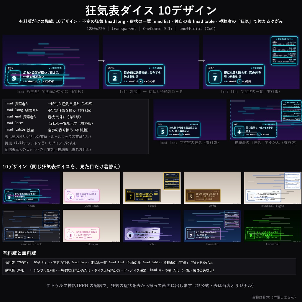 【わんコメテンプレート】狂気表ダイス 10デザイン｜一時的/不定の狂気をコマンドで振る・オリジナル表入り・自分の表に差し替え・症状の一覧表示【OBS/TRPG配信/クトゥルフ/CoC】