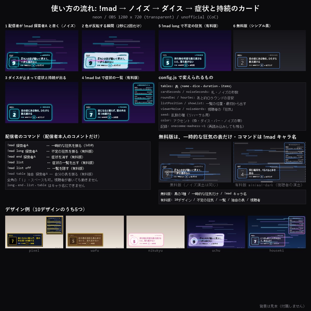 【わんコメテンプレート】狂気表ダイス 10デザイン|一時的/不定の狂気をコマンドで振る・オリジナル表入り・自分の表に差し替え・症状の一覧表示【OBS/TRPG配信/クトゥルフ/CoC】