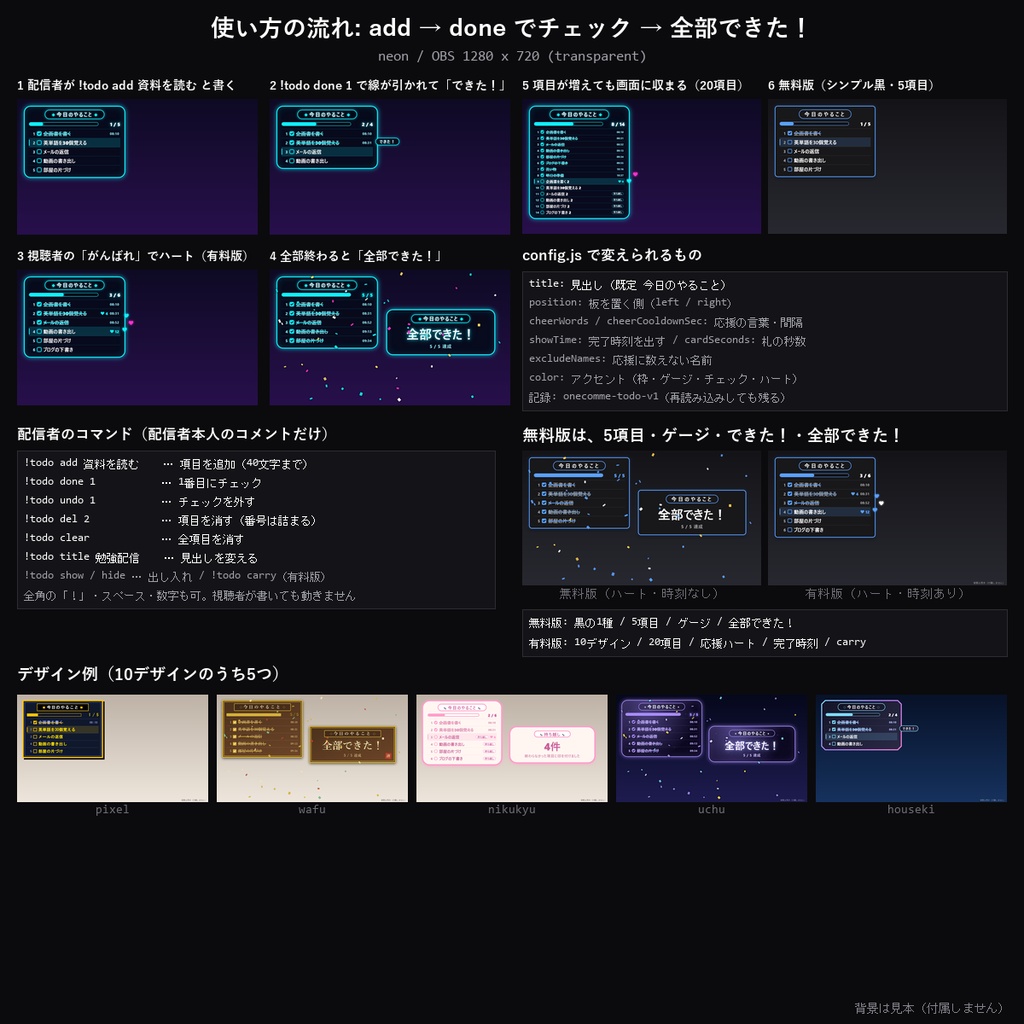 【わんコメテンプレート】配信やることリスト 10デザイン|今日のやることを画面に並べてチェック・進み具合ゲージ・全部できた演出・視聴者の応援ハート【OBS/作業配信/勉強配信/企画】