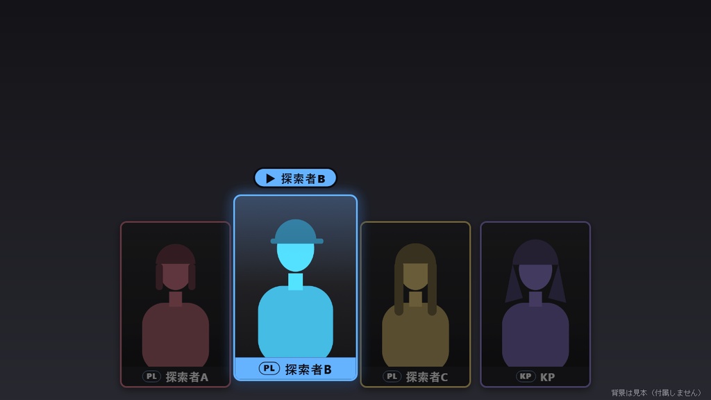 【無料】TRPG立ち絵ハイライト シンプル黒（4人まで）【わんコメテンプレート/TRPG配信】