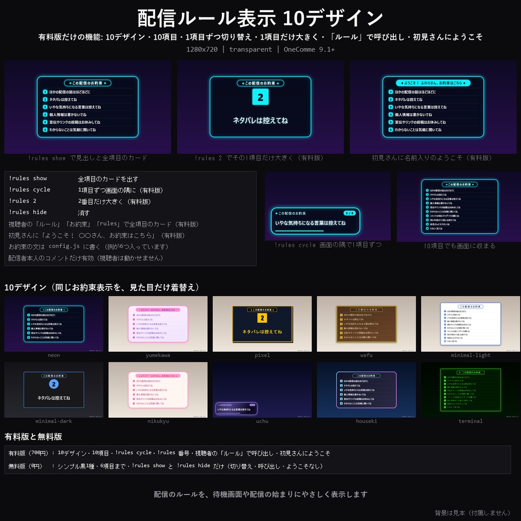 【わんコメテンプレート】配信ルール表示 10デザイン｜コメントのお約束をやさしく表示・1項目ずつ切り替え・「ルール」コメントで呼び出し・初見さんにようこそ【OBS/待機画面/VTuber】