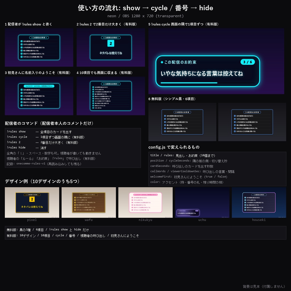 【わんコメテンプレート】配信ルール表示 10デザイン|コメントのお約束をやさしく表示・1項目ずつ切り替え・「ルール」コメントで呼び出し・初見さんにようこそ【OBS/待機画面/VTuber】
