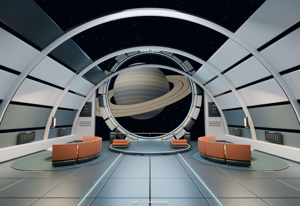 【Blender用3D背景】AUREOLE 宇宙観測ラウンジ｜惑星と円形窓の静止シーン・.blend