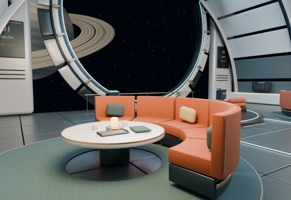 【Blender用3D背景】AUREOLE 宇宙観測ラウンジ|惑星と円形窓の静止シーン・.blend