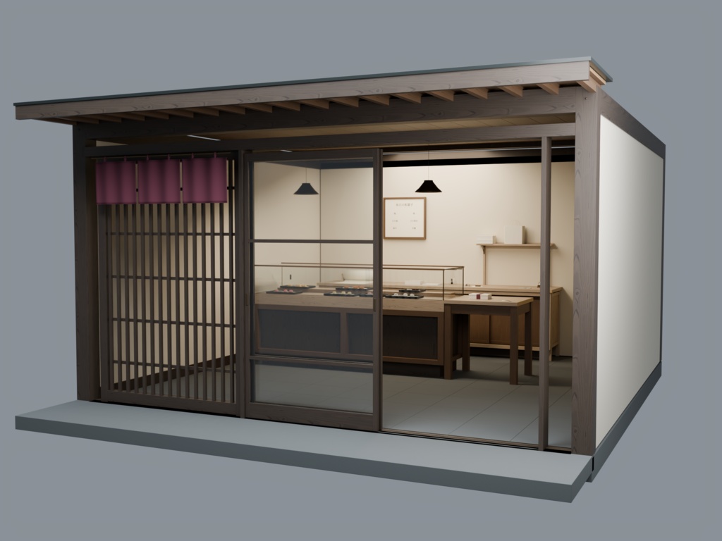 【Blender用3D背景】町家の和菓子店|店舗区画・和菓子6種・包装小物