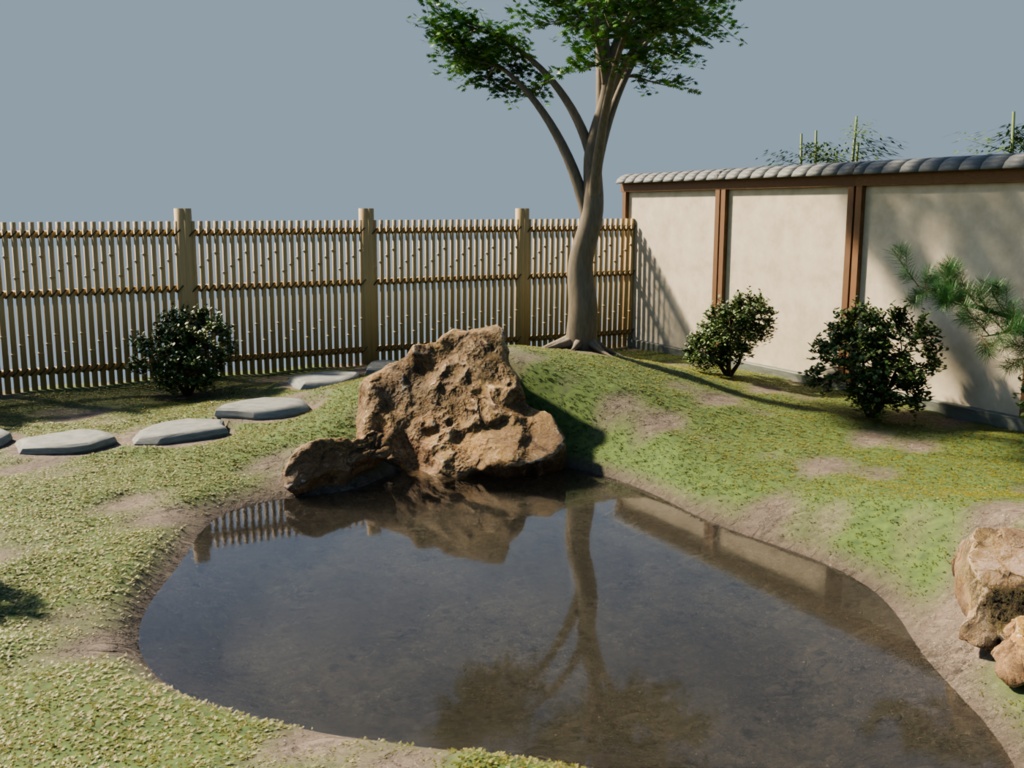 【Blender用3D背景】和風庭園 Kyoto Garden|苔・池・松・縁側の静止シーン